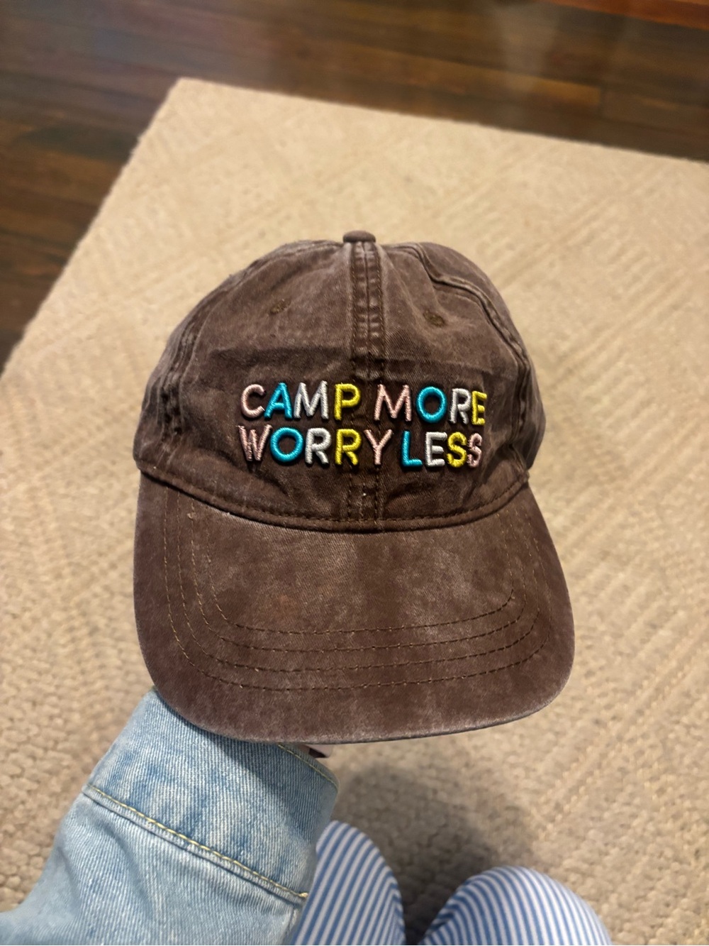 Brown Embroidered 'Camp More Worry Less' Baseball Cap